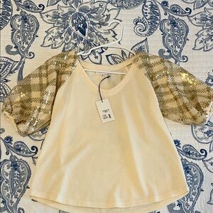 Cream Top with Sequin Plaid Sleeves